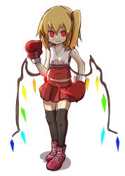 Rule 34 | &gt;:d, 1girl, :d, alternate costume, black thighhighs, blonde hair, blush, boxing, boxing gloves, clenched teeth, crystal, demon wings, flandre scarlet, full body, glowing, glowing eyes, highres, jpeg artifacts, looking at viewer, navel, open mouth, red eyes, shaded face, short hair, side ponytail, simple background, sleeveless, smile, solo, teeth, thighhighs, touhou, v-shaped eyebrows, vampire, white background, wings, yogurt bakudan, zettai ryouiki