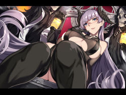 Rule 34 | 1girl, azur lane, bare shoulders, black footwear, black gloves, black leotard, black thighhighs, blue eyes, blunt bangs, blush, boots, breasts, clothing cutout, covered erect nipples, demon horns, elbow gloves, female pubic hair, glasses, gloves, gneisenau (azur lane), gneisenau (nightmarish succubus) (azur lane), halloween costume, hand on own chest, head tilt, horns, large breasts, leotard, letterboxed, long hair, looking at viewer, nagioka, open mouth, pubic hair, pubic hair peek, purple hair, rectangular eyewear, red-framed eyewear, see-through, sitting, skeleton, skindentation, smile, solo, thigh boots, thighhighs, underboob, underboob cutout, very long hair