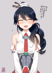 Rule 34 | 10s, 1girl, :d, ^ ^, bare shoulders, black hair, closed eyes, collared shirt, cosplay, detached sleeves, grey background, hair ornament, headdress, houshou (kancolle), kantai collection, littorio (kancolle), littorio (kancolle) (cosplay), necktie, open mouth, ponytail, shirt, simple background, smile, solo, translated, twitter username, upper body, wavy hair, weshika