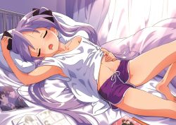 Rule 34 | 1girl, arm up, armpits, barefoot, bed, bedroom, black ribbon, blush, closed eyes, collarbone, commentary request, curtains, dolphin shorts, drooling, facing viewer, foot out of frame, fujoshi, hair ribbon, hand on own stomach, head on pillow, hiiragi kagami, hotaru iori, ichimi renge, indoors, knee up, koizumi itsuki, kyon, long hair, lucky star, lying, manga (object), midriff, mouth drool, navel, on back, on bed, open mouth, photo (object), pillow, pornography, purple hair, purple shorts, revision, ribbon, second-party source, shirt, short sleeves, shorts, single bare shoulder, sleeping, solo, suzumiya haruhi no yuuutsu, thighs, toes, twintails, very long hair, white shirt, yaoi (object)