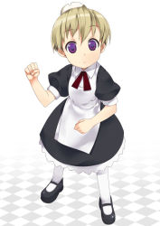 Rule 34 | 00s, 1girl, android, blonde hair, clenched hand, female focus, flandre (kaibutsu oujo), full body, kaibutsu oujo, loafers, maid, mizuki makoto, pantyhose, purple eyes, shoes, solo, standing, white background