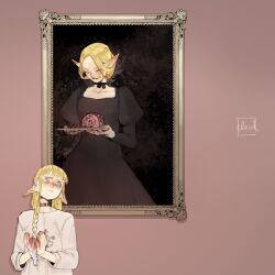 Rule 34 | 1girl, aged down, artist name, bird, black dress, blonde hair, blood, blood on hands, blunt bangs, blush, braid, child, choker, commentary, dead animal, dress, dungeon meshi, ears down, elf, english commentary, facing down, food, green eyes, hair around ear, hair over shoulder, happy, highres, holding, holding plate, juliet sleeves, long sleeves, looking up, marcille&#039;s mother, marcille donato, mother&#039;s day, mother and daughter, multiple braids, painting (object), picture frame, plate, pointy ears, portrait (object), puffy sleeves, red background, sad, simple background, squarecloud7310, symbolism, updo, upper body