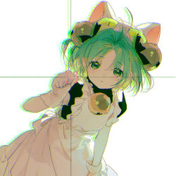 Rule 34 | 1girl, ahoge, animal ears, animal hat, antenna hair, balabling, bell, black shirt, blush, cat ears, cat girl, cat hat, chromatic aberration, closed mouth, dejiko, di gi charat, dress, green eyes, hair ornament, hand up, hat, looking at viewer, maid, neck bell, shirt, short hair, simple background, solo, target, white background, white dress