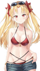 Rule 34 | 1girl, arm at side, bare shoulders, bikini, black-framed eyewear, blonde hair, blush, bow, breasts, cleavage, closed mouth, collarbone, cowboy shot, cutoffs, denim, denim shorts, ereshkigal (fate), eyewear on head, fate/grand order, fate (series), groin, hair bow, hand on own hip, highres, hiyoko (pixiv16803940), long hair, looking at viewer, medium breasts, navel, parted bangs, red bikini, red bow, red eyes, short shorts, shorts, smile, solo, stomach, sunglasses, swimsuit, two side up