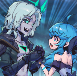 Rule 34 | 1boy, 1girl, :d, ahoge, black bow, black jacket, black sclera, black sleeves, blue hair, blush stickers, bow, collarbone, colored sclera, detached sleeves, dress, eye contact, from side, green eyes, grey dress, grey hair, gwen (league of legends), hair bow, holding hands, jacket, league of legends, looking at another, medium hair, open clothes, open jacket, open mouth, phantom ix row, smile, strapless, strapless dress, torn clothes, torn jacket, upper body, viego (league of legends)