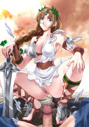 Rule 34 | 1girl, blue eyes, bottomless, breasts, brown hair, censored, erection, high heels, large breasts, long hair, msize, no panties, penis, pubic hair, pussy, shoes, smile, solo focus, sophitia alexandra, soul calibur, soulcalibur, soulcalibur iii, squatting, sword, torn clothes, weapon