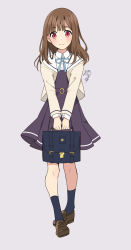 Rule 34 | 1girl, black socks, blue ribbon, briefcase, brown footwear, brown hair, brown jacket, collared shirt, dress, dress shirt, full body, highres, holding, jacket, loafers, long hair, looking at viewer, neck ribbon, nekozuki yuki, open clothes, open jacket, original, pleated dress, purple background, purple dress, red eyes, ribbon, school briefcase, school uniform, shirt, shoes, signature, simple background, socks, solo, standing, white shirt