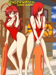 Rule 34 | 2girls, absurdres, ahoge, breasts, cleavage, crossover, erza scarlet, fairy tail, female focus, hair over one eye, high school dxd, highres, large breasts, long hair, multiple girls, one-piece swimsuit, red hair, red one-piece swimsuit, rias gremory, standing, swimsuit, trait connection