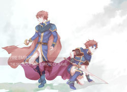Rule 34 | 2boys, armor, blue eyes, boots, cape, eliwood (fire emblem), father and son, fingerless gloves, fire emblem, fire emblem: the binding blade, fire emblem: the blazing blade, gloves, headband, isa (chiyo-s), long sleeves, male focus, multiple boys, nintendo, rapier, red hair, roy (fire emblem), short hair, sword, time paradox, weapon
