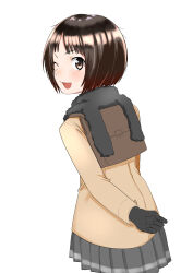 Rule 34 | 1girl, :d, ;d, absurdres, amagami, arm at side, arm behind back, backpack, bag, black gloves, black scarf, black skirt, bob cut, briefcase, brown bag, brown coat, brown eyes, brown hair, coat, commentary, cowboy shot, curled fingers, from behind, gloves, highres, kakao taro, kibito high school uniform, light blush, looking at viewer, looking back, loose hair strand, messy hair, one eye closed, open mouth, pleated skirt, scarf, school briefcase, school uniform, short hair, simple background, skirt, smile, solo, tachibana miya, white background, winter clothes