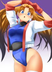 Rule 34 | 1girl, absurdres, arms up, athletic leotard, blue eyes, blue leotard, blush, breasts, brown hair, commentary request, gloves, groin, highleg, highleg leotard, highres, jacket, leotard, long hair, looking at viewer, medium breasts, nanao futaba, numan athletics, open mouth, own hands together, red gloves, sharon les halles, solo, thighhighs, thighs, twintails, white jacket, white thighhighs