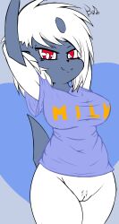 Rule 34 | 1girl, absol, absurdres, animal nose, arms behind head, arms up, artist name, blue background, blue shirt, body fur, bottomless, breasts, bright pupils, cleft of venus, closed mouth, clothes writing, colored skin, cowboy shot, creatures (company), english text, eyebrow piercing, fangs, fangs out, female focus, female pubic hair, fir3born, flat color, furry, furry female, game freak, gen 3 pokemon, grey horns, grey skin, groin, happy, highres, horns, large breasts, looking at viewer, nintendo, personification, piercing, pokemon, pokemon (creature), pubic hair, pussy, red eyes, shirt, short hair, short sleeves, sidelocks, signature, simple background, single horn, smile, solo, split mouth, standing, tail, thick thighs, thighs, uncensored, white fur, white hair, white pupils