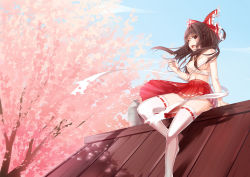 Rule 34 | 1girl, absurdres, aer (tengqiu), blonde hair, blue sky, bottle, bow, breasts, brown eyes, budget sarashi, censored, cherry blossoms, cloud, convenient censoring, day, hair bow, hakurei reimu, highres, looking at viewer, medium breasts, no shirt, on roof, open mouth, rooftop, sake bottle, sarashi, sitting, sitting on roof, sky, solo, thighhighs, touhou, tree, white thighhighs, wind