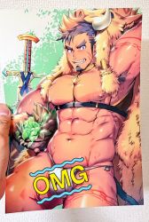 Rule 34 | 1boy, abs, animal hood, armpit hair, armpits, bara, bare pectorals, blush, boar hood, body fur, brown hair, bulge, censored, censored by text, chest harness, facial hair, fang, food, forked eyebrows, goatee, gradient hair, gullinbursti (housamo), harness, holding, holding food, hood, large pectorals, leg tattoo, long sideburns, looking at viewer, male focus, mature male, multicolored hair, muscular, muscular male, navel, nipples, pectorals, revealing clothes, short hair, sideburns, smile, solo, spiked hair, stomach, tattoo, thick eyebrows, thick thighs, thighs, tokyo houkago summoners, two-tone hair, waku (ayamix), wet