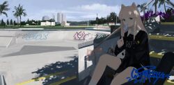 Rule 34 | 1girl, absurdres, animal ears, black sweater, blonde hair, blue eyes, building, candy, cat ears, cat girl, collared shirt, commentary, commission, dappled sunlight, food, graffiti, highres, holding, holding candy, holding food, holding lollipop, lollipop, looking at viewer, original, orval, outdoors, palm tree, power lines, shirt, sidelocks, signature, sitting, skateboard, skeb commission, solo, sunlight, sweater, swirl lollipop, tongue, tongue out, tree, white shirt