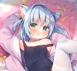 Rule 34 | 1girl, animal ear fluff, animal ears, arm up, bare shoulders, blue hair, blue one-piece swimsuit, blush, cat ears, cat girl, cat tail, collar, commentary request, frilled pillow, frills, green eyes, hair between eyes, hanamiya natsuka, hand up, jacket, long sleeves, one-piece swimsuit, open clothes, open jacket, original, out-of-frame censoring, parted lips, pillow, pinching sleeves, puffy long sleeves, puffy sleeves, purple collar, purple jacket, sleeves past wrists, solo, strap slip, swimsuit, swimsuit under clothes, tail, thighhighs, two side up, white thighhighs