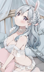 Rule 34 | 1girl, animal ears, blue hair, bra, breasts, character request, choker, cleavage, commentary, copyright request, fate (series), grey theme, long hair, looking at viewer, medium breasts, natsume eri, navel, panties, pink eyes, rabbit ears, sitting, solo, symbol-only commentary, thighhighs, underwear, underwear only, wariza, white bra, white choker, white panties, white theme, white thighhighs