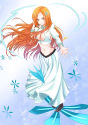 Rule 34 | 1girl, bleach, bleach: sennen kessen-hen, boots, breasts, brown footwear, cleavage, cleavage cutout, clothing cutout, detached sleeves, floating hair, flower, full body, hair flower, hair ornament, highres, inoue orihime, long hair, long skirt, looking at viewer, midriff, navel, orange hair, outstretched arm, palms, skirt, smile, solo, stomach, very long hair, white skirt, wind, zhjgqw123