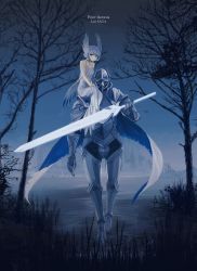 Rule 34 | 1girl, armor, bare tree, blue hair, blue sky, blue theme, code-glove, copyright name, day, dress, gauntlets, gradient sky, grass, helmet, highres, holding, holding sword, holding weapon, krahe (pixiv fantasia last saga), looking at viewer, outdoors, pixiv fantasia, pixiv fantasia last saga, ripples, sienna (pixiv fantasia last saga), sitting on shoulder, sky, standing, sword, tree, water, weapon, white dress
