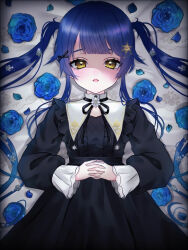 Rule 34 | 1girl, alternate costume, amamiya kokoro, bed, bed sheet, black dress, blue hair, blunt bangs, blush, collar, dress, flower, frilled dress, frills, hair ornament, half-closed eyes, holding hands, interlocked fingers, long hair, looking at viewer, lying, nijisanji, on back, open mouth, petals, petite, shaded face, twintails, virtual youtuber, yellow eyes