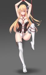 Rule 34 | 1girl, alisa reinford, arms up, bdsm, blonde hair, bondage, boots, bound, bound wrists, breast bondage, breasts, bustier, crotch rope, eiyuu densetsu, falcom, grey background, hair between eyes, highres, leg up, long hair, looking at viewer, matrix16, medium breasts, no pants, one eye closed, panties, red eyes, red rope, restrained, rope, sen no kiseki, shibari, shibari over clothes, side ponytail, skindentation, standing, standing on one leg, suspension, thigh boots, thighhighs, thighs, underwear, white footwear