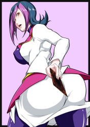 Rule 34 | 1girl, ass, blush, breasts, covered erect nipples, droite (yu-gi-oh!), female focus, grey hair, highres, huge ass, kanta (k n t r o), kanta (x-tei), large breasts, looking at viewer, looking back, multicolored hair, open mouth, purple hair, solo, yellow eyes, yu-gi-oh!, yuu-gi-ou, yuu-gi-ou zexal