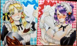 Rule 34 | 2girls, :3, alternate costume, apron, autumn leaves, black bow, black bowtie, black ribbon, blonde hair, blue ribbon, blush, bow, bowl, bowtie, breasts, buttons, chocolate, cream, cream on breasts, fang, fangs, flying sweatdrops, food on body, food on breasts, frilled apron, frills, frog, frog girl, frog hair ornament, hair bow, hair bun, hair ornament, hair ribbon, headdress, highres, holding, holding bowl, holding pastry bag, holding spatula, horizontal pupils, large breasts, leaf, leaf hair ornament, leaf on head, long hair, looking at object, looking to the side, lower teeth only, maid, maid headdress, medium hair, moriya suwako, multiple girls, nervous, nervous smile, nose blush, pastry bag, photoshop (medium), plaid, plaid background, puffy sleeves, purple hair, red bow, red eyes, red ribbon, ribbon, short sleeves, skin fangs, slit pupils, small breasts, smile, spatula, sweat, sweatdrop, teeth, tongue, touhou, traditional media, wavy hair, white wrist cuffs, whoru, wrist cuffs, yasaka kanako, yellow eyes