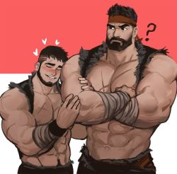 Rule 34 | 2boys, abs, arm hair, bara, bare pectorals, bare shoulders, beard, blush, chest hair, cropped jacket, crossed arms, dopey (dopq), eyebrow cut, facial hair, highres, large pectorals, leaning on person, male focus, mature male, multiple boys, muscular, muscular male, navel, navel hair, nipples, original, pectorals, scar, scar on chest, scar on face, scar on nose, short hair, size difference, sleeveless, sleeveless jacket, stomach, thick eyebrows, upper body, yaoi
