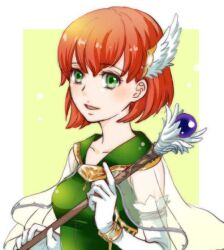Rule 34 | bob cut, cape, elbow gloves, feather hair ornament, feathers, fire emblem, fire emblem: the blazing blade, gloves, green eyes, hair ornament, holding, holding staff, leather, leather gloves, nintendo, priscilla (fire emblem), red hair, staff, usachu now, wing hair ornament, winged hair ornament