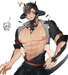 Rule 34 | 1boy, abs, assisted exposure, au ra, bara, bare pectorals, beard, blush, brown hair, bulge, bursting pectorals, character request, chibi, chibi inset, cowboy shot, demon boy, demon horns, demon tail, dragon boy, dragon horns, dragon tail, facial hair, final fantasy, final fantasy xiv, highres, horns, large pectorals, male focus, muscular, muscular male, navel, nipples, open clothes, open shirt, pectorals, red eyes, scales, seum (kao husband), short hair, solo focus, stomach, tail, thick thighs, thighs, undressing another, warrior of light (ff14)