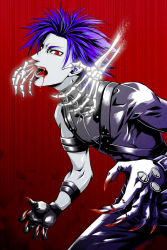 Rule 34 | 1boy, blood, blue hair, claws, fangs, gloves, kaito (vocaloid), kei (201bk), male focus, open mouth, red eyes, short hair, skeleton, solo, vampire, vocaloid