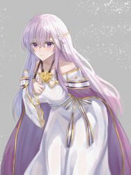 Rule 34 | 1girl, breasts, circlet, dress, fire emblem, fire emblem: genealogy of the holy war, highres, julia (fire emblem), leaning forward, long hair, looking at viewer, nintendo, purple eyes, purple hair, sash, simple background, smile, solo, tnomenko, wide sleeves