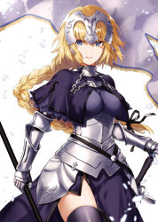 Rule 34 | 1girl, arisaka ako, armor, bad id, bad pixiv id, blonde hair, blue eyes, blurry, braid, breasts, chain, cowboy shot, depth of field, fate/apocrypha, fate (series), flag, gauntlets, hair between eyes, hair ribbon, headpiece, impossible clothes, impossible shirt, jeanne d&#039;arc (fate), jeanne d&#039;arc (ruler) (fate), light smile, long hair, medium breasts, parted lips, petals, polearm, purple thighhighs, ribbon, shirt, side slit, simple background, single braid, solo, sword, thighhighs, tsurime, turtleneck, underbust, very long hair, weapon, white background