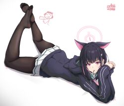 Rule 34 | 1boy, 1girl, 2021, animal ears, black hair, black hoodie, black jacket, black pantyhose, blue archive, cat ears, chibi, chibi inset, chinese commentary, choker, colored inner hair, dated, doodle sensei (blue archive), extra ears, feet, feet up, food, food in mouth, full body, green sailor collar, hair ornament, hairclip, halo, highres, hood, hood down, hooded jacket, hoodie, jacket, kazusa (blue archive), legs, long sleeves, looking at viewer, lying, miniskirt, mouth hold, multicolored hair, no shoes, on stomach, own hands together, pantyhose, pink eyes, pink hair, pink halo, pleated skirt, pocky, pocky in mouth, red eyes, sailor collar, school uniform, sensei (blue archive), shijinconghua, short hair, skirt, soles, the pose, toes, two-tone hair, white background, white skirt