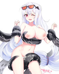 Rule 34 | 1girl, arknights, bad id, bad pixiv id, black choker, breasts, chinese commentary, choker, commentary request, cowboy shot, eyewear on head, hair ornament, highres, large breasts, lingshalan, long hair, looking at viewer, low-tied long hair, navel, nipples, no headwear, nude, one eye closed, open mouth, red eyes, silver hair, simple background, skadi (arknights), solo, standing, stomach, sunglasses, tears, tentacles, thighs, very long hair, whale hair ornament, white background