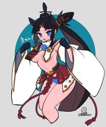 Rule 34 | 1girl, :d, armor, black hair, blue eyes, blush, breast curtain, breast curtains, breasts, detached sleeves, fate/grand order, fate (series), feathers, hacco mayu, hair ornament, hat, highres, japanese armor, long hair, looking at viewer, medium breasts, navel, open mouth, parted bangs, revealing clothes, side ponytail, smile, solo, tate eboshi, twitter username, ushiwakamaru (fate), very long hair, white sleeves