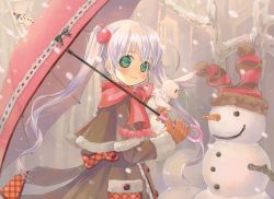 Rule 34 | 1girl, absurdres, bare tree, blush, brown capelet, brown gloves, capelet, coat, day, forest, fur trim, gloves, green eyes, grey hair, highres, holding, holding umbrella, kuga tsukasa, long hair, long sleeves, looking at viewer, nature, original, outdoors, pinky out, pom pom (clothes), rabbit, red scarf, red umbrella, scarf, smile, snow, snowman, solo, standing, tree, twintails, umbrella, very long hair