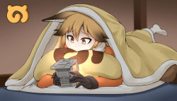 Rule 34 | 10s, 1girl, animal ears, black gloves, blonde hair, blush, brown eyes, brown hair, closed mouth, commentary request, ezo red fox (kemono friends), fox ears, fox tail, full body, fur trim, futon, game boy, game boy (original), gloves, hair between eyes, handheld game console, head tilt, holding, indoors, japari symbol, japari symbol print, kemono friends, long sleeves, lying, multicolored hair, on stomach, pillow, playing games, solo, tail, tsutomu (pixiv321187), two-tone hair, under covers, white legwear
