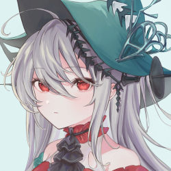 Rule 34 | 1girl, aqua hat, arknights, ascot, bare shoulders, black ascot, closed mouth, eyes visible through hair, hat, blue background, long hair, portrait, red eyes, simple background, skadi (arknights), skadi the corrupting heart (arknights), smile (sa vii), solo, white hair