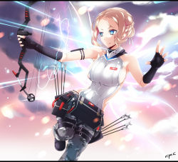 Rule 34 | 1girl, archery, armpits, arrow (projectile), artist name, bag, bare shoulders, belt, belt pouch, black footwear, black gloves, blonde hair, blue eyes, blurry, bokeh, bow (weapon), braid, breasts, closers, depth of field, gloves, glowing, hair ornament, irina petrovona, large breasts, letterboxed, long hair, looking to the side, parted lips, pink lips, pouch, quiver, ripe.c, shoes, sideboob, signature, sleeveless, solo, standing, standing on one leg, thigh strap, weapon, wings