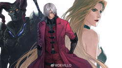 Rule 34 | 1girl, 2boys, absurdres, alastor (sword), armor, belt, black gloves, blonde hair, blue eyes, clasp, closed mouth, coat, cracked skin, dante (devil may cry), demon boy, demon horns, devil lo, devil may cry (series), devil may cry 1, gloves, goggles, goggles around neck, hair over one eye, highres, holding, holding weapon, horns, lipstick, long hair, looking at viewer, makeup, male focus, multiple boys, nelo angelo, parted lips, red coat, sword, trench coat, trish (devil may cry), weapon, white hair