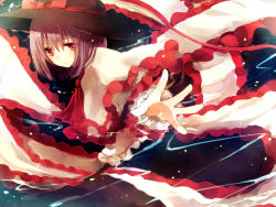 Rule 34 | 1girl, ascot, capelet, hat, hat ribbon, kinona, long sleeves, looking at viewer, nagae iku, outstretched arm, outstretched hand, purple hair, red eyes, ribbon, shawl, solo, touhou