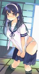 Rule 34 | 1girl, ahoge, black hair, black socks, blue skirt, blush, breasts, closed mouth, clothes pull, commentary request, constricted pupils, embarrassed, headband, indoors, kantai collection, kneehighs, large breasts, leaning forward, long hair, looking at viewer, miniskirt, open door, panties, pleated skirt, school uniform, serafuku, shimeji (4 me ji), shirt pull, shirt tug, skirt, unworn skirt, sliding doors, socks, solo, surprised, tatami, underwear, ushio (kancolle), wavy mouth, white panties