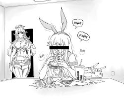 Rule 34 | 2girls, bar censor, bb (baalbuddy), blank room soup, burger, burger king, censored, commentary, crop top, crying, cup, disposable cup, eating, elbow gloves, english commentary, english text, fast food, fingerless gloves, food, french fries, gloves, greyscale, highres, iowa (kancolle), kantai collection, long hair, miniskirt, monochrome, multiple girls, rensouhou-chan, school uniform, serafuku, shimakaze (kancolle), skirt, sound effects, thighhighs