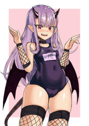 Rule 34 | 1girl, bad id, bad pixiv id, blush, cameltoe, clothes writing, collar, cowboy shot, demon girl, demon horns, demon tail, demon wings, detached sleeves, elzlo, fishnet thighhighs, fishnets, highres, horns, long hair, name tag, one-piece swimsuit, open mouth, original, pointy ears, purple hair, red eyes, school swimsuit, sidelocks, solo, swimsuit, tail, thighhighs, very long hair, wings