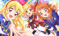 Rule 34 | 3girls, :d, aikatsu!, aikatsu! (series), blonde hair, blue jacket, blush, bow, brown hair, commentary request, gradient hair, hair bow, hairband, happy, highres, hoshimiya ichigo, jacket, long hair, long sleeves, looking at viewer, multicolored hair, multiple girls, nijino yume, ozora akari, open mouth, outstretched arm, pink bow, pink eyes, pink hair, rainbow, red bow, red jacket, sekina, skirt, smile, socks, standing, twintails