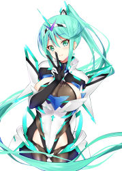 Rule 34 | 1girl, absurdres, breasts, chest jewel, daive, earrings, gloves, greek text, green eyes, green hair, highres, jewelry, large breasts, long hair, pneuma (xenoblade), ponytail, solo, swept bangs, tiara, very long hair, xenoblade chronicles (series), xenoblade chronicles 2