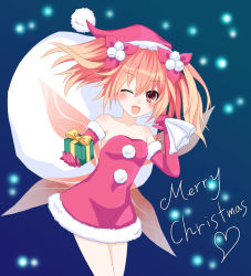 Rule 34 | alyn (fairy fencer f), bag, bare shoulders, breasts, christmas, dress, fairy, fairy fencer f, gloves, hat, highres, nel 6108, orange hair, red eyes, ribbon, short hair, skirt, small breasts, snow, thighs, twintails, wings