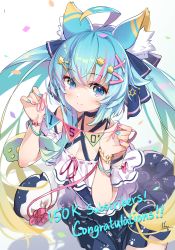Rule 34 | 1girl, ahoge, animal ear fluff, animal ears, aqua hair, aqua nails, black skirt, blonde hair, blue eyes, bracelet, cat ears, closed mouth, congratulations, highres, hong (white spider), indie virtual youtuber, jewelry, lanmewko, long hair, looking at viewer, multicolored hair, multicolored nails, nail polish, pink nails, simple background, skirt, solo, twintails, virtual youtuber, white background, yellow nails