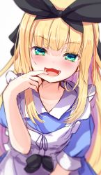 Rule 34 | 1girl, :d, apron, baram, black ribbon, blonde hair, blue dress, collared dress, commentary request, dress, frilled apron, frills, green eyes, hair ribbon, hand up, highres, long hair, looking at viewer, mononobe alice, mononobe alice (1st costume), multicolored hair, nijisanji, open mouth, puffy short sleeves, puffy sleeves, purple hair, ribbon, short sleeves, simple background, smile, solo, two-tone hair, very long hair, virtual youtuber, white apron, white background